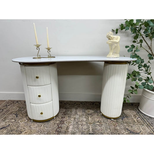 White Free Form Stone Desk Vanity Table Manufactured Wood+Leather Groove Interiors 3 Drawers