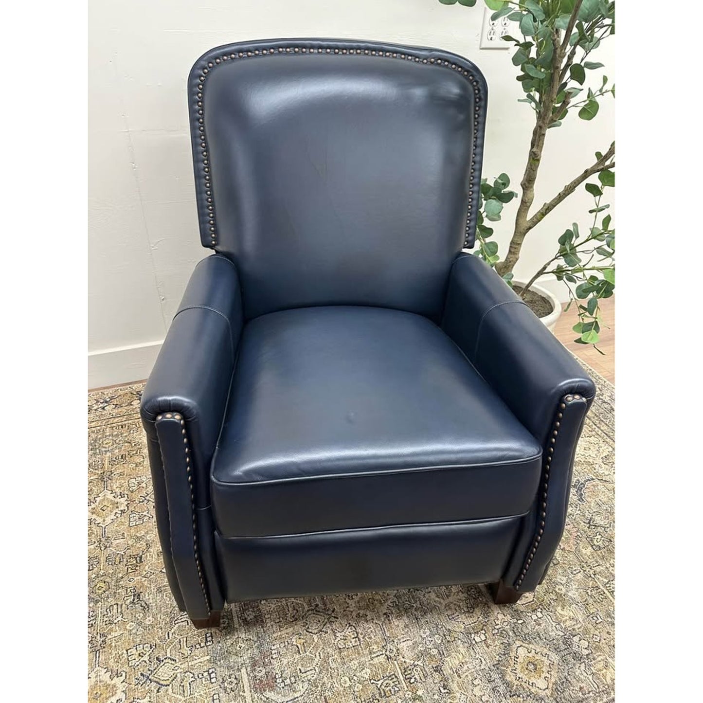 Amil Genuine Leather Recliner-NAVY Armchair Nailhead Trim