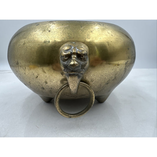 VTG Brass Censer Pot Planter Metal Three Leg Incense Ringed Face Handles