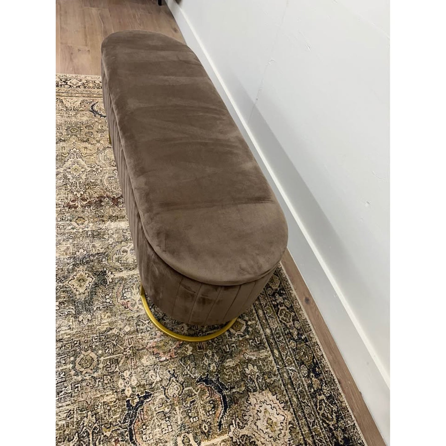 Paula 51" Wide Storage Bench-BROWN Gold Legs Oval Channel Tufting Velvet NEW Karat Home