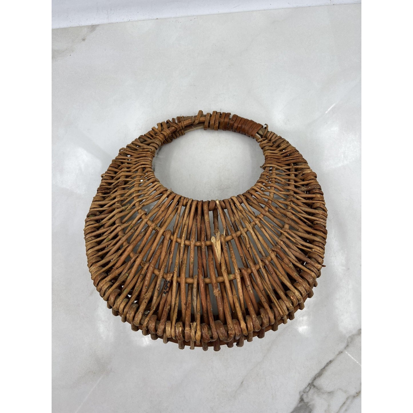 Vintage Handwoven Wicker Basket Round Boho Rustic Purse Bag 12x12x5 Storage