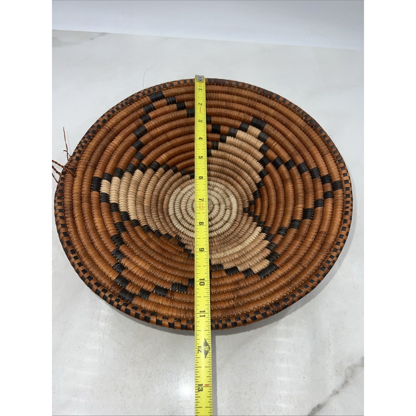 Vintage Coiled Hopi Indian Basket Tray Geometric Pattern Brown Tan Handles 12"