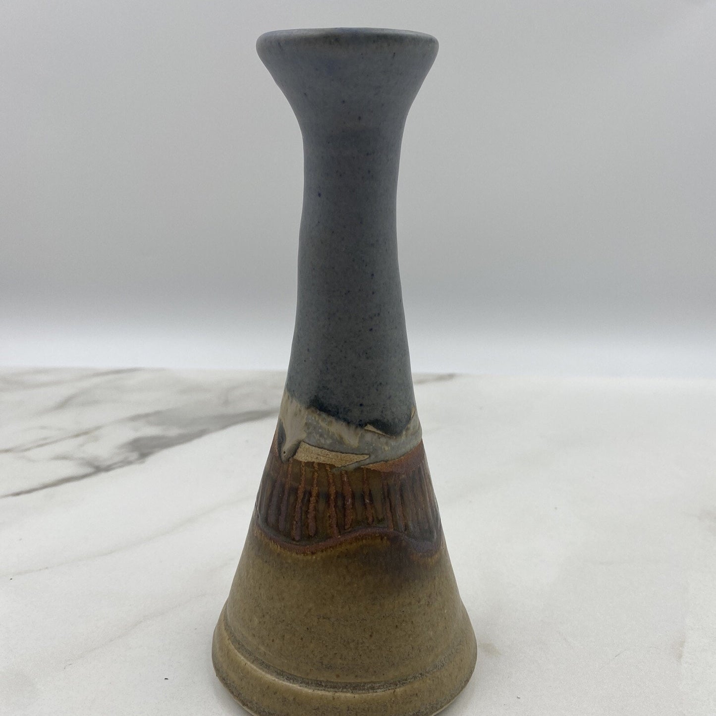 Studio Pottery Vase Signed Mountain Scene 8” Tall Blue Tan Vintage