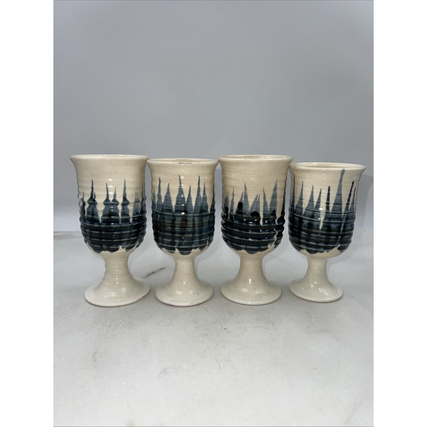 VTG Studio Pottery Goblets Glasses Hand Made Blue White Stoneware Set of 4 Signe