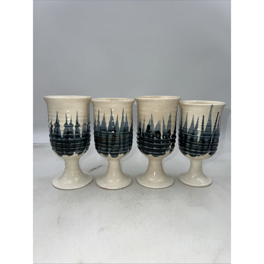 VTG Studio Pottery Goblets Glasses Hand Made Blue White Stoneware Set of 4 Signe
