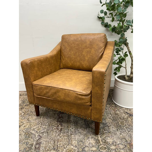 Celio Vegan Leather Armchair-CAMEL Brown Nail Head Trim New Karat Home