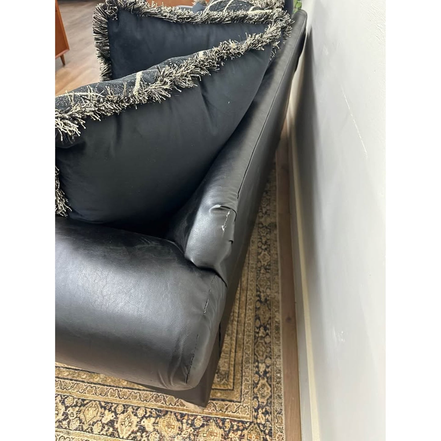 Bernardus Sofa Couch 2-Tone Fabric Wooden Frame Loveseat With Carved Wood Trim Black Gray