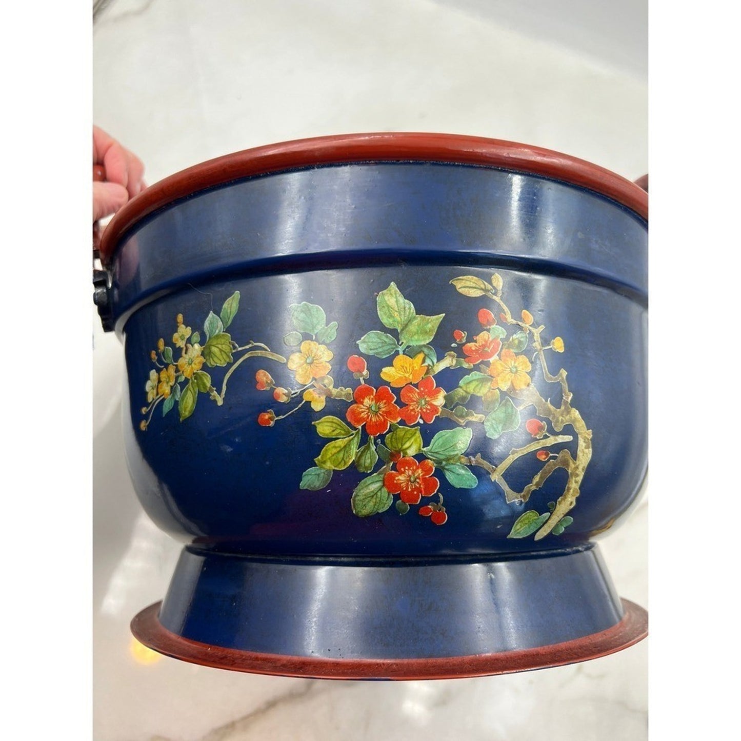 Vintage Ethan Allen Metal Italy Hand Painted Blue Red Brown Grandmillenial