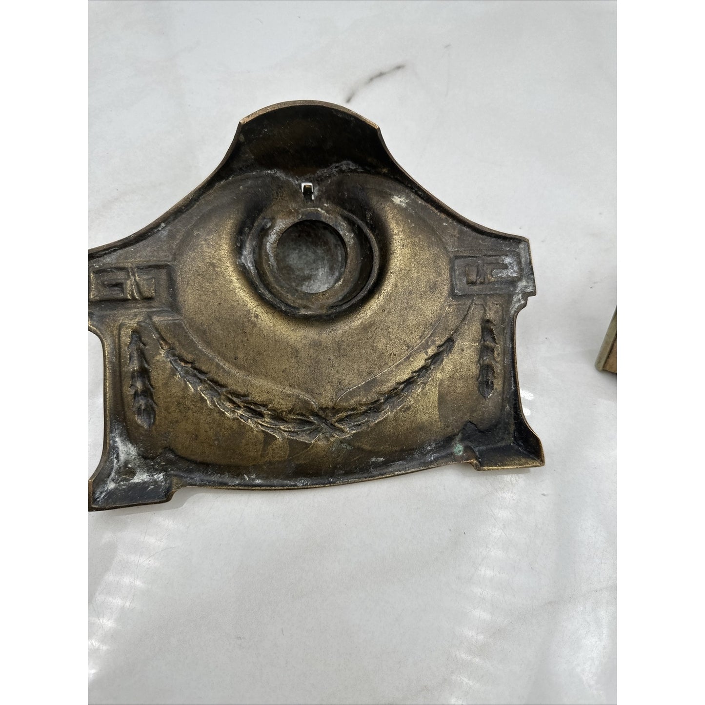 Antique Brass Double Inkwell and Stamp Stamper Art Nouveau Wheat Office Desk