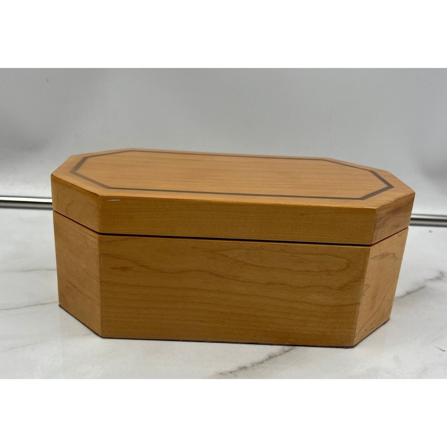 Vintage Octagon Wood Jewelry Box Inlay Detail and Removable Tray Brown Velvet