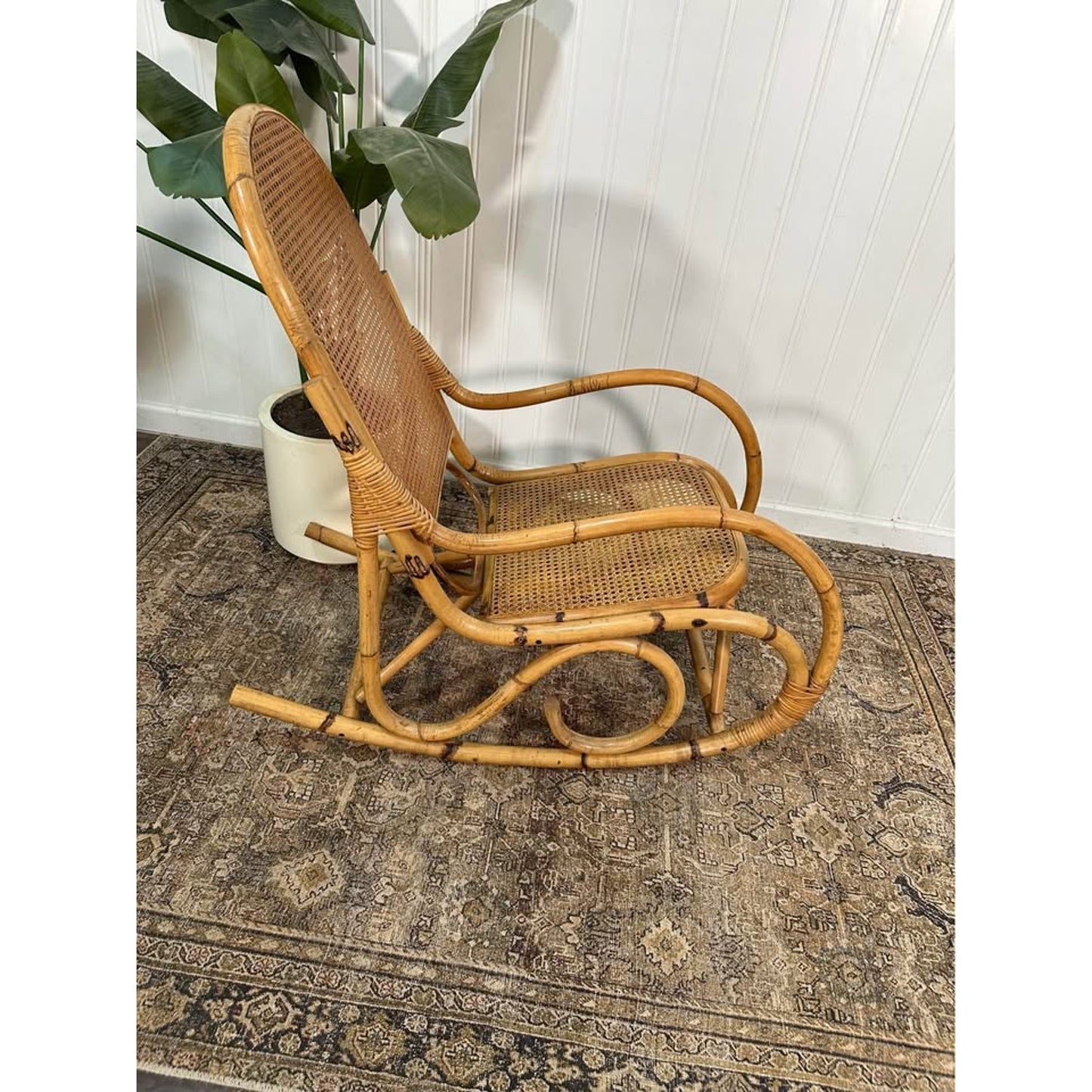 Vintage Thonet Style Large Tortoise Bamboo Bentwood Cane Rattan Rocking Arm Chair