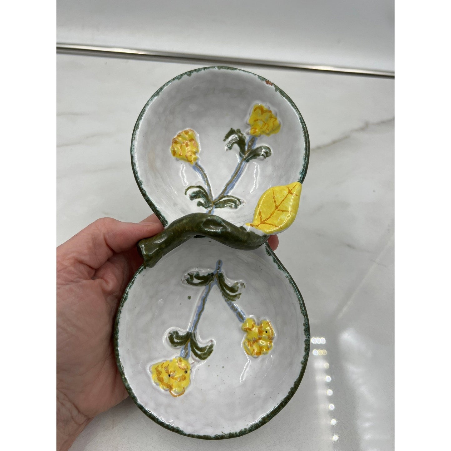 VTG Ceramic Divided Dish Italy Hand Painted Yellow Flowers Green Handle