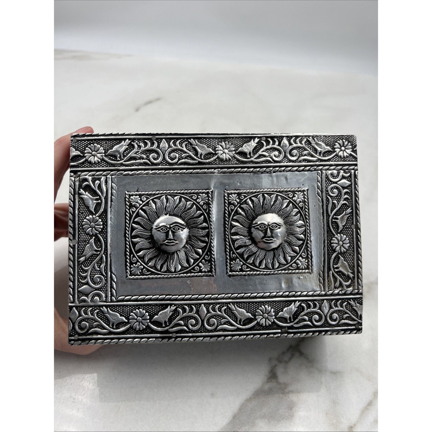 VTG Embossed Trinket Jewelery Box Silver Tone Rectangular Sun Face Birds