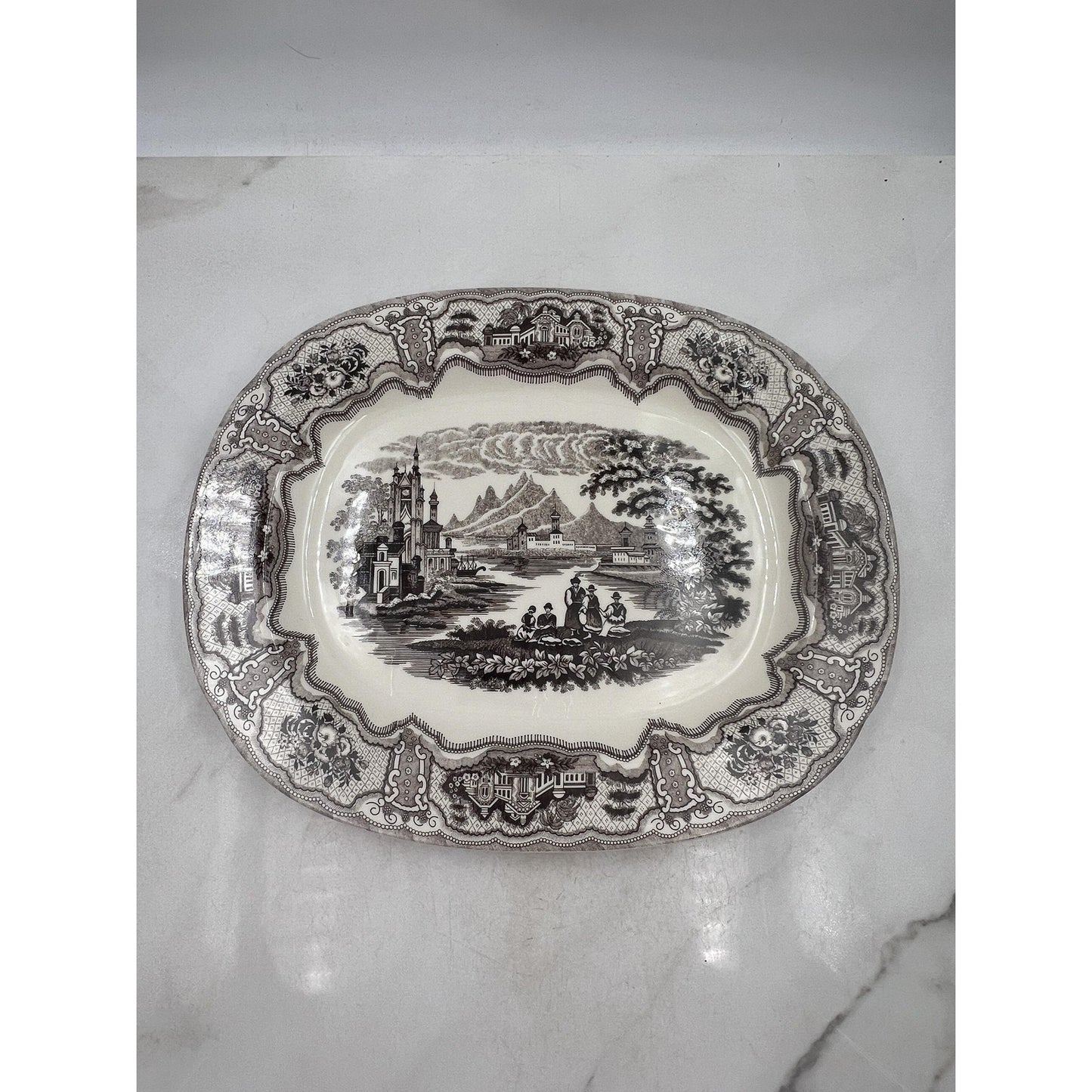 Two's Company Victorian Toile Oval Ceramic Platter Brown 18" Large China Decor
