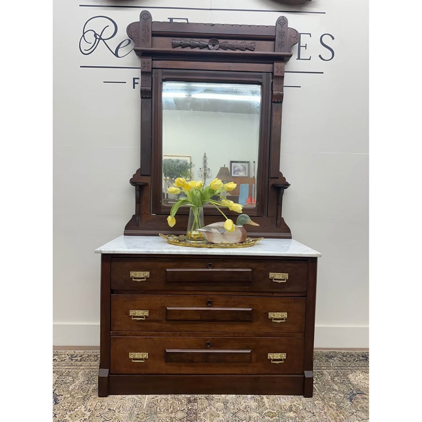 Victorian Eastlake Antique Walnut Chest or Dresser Marble Top Mirror