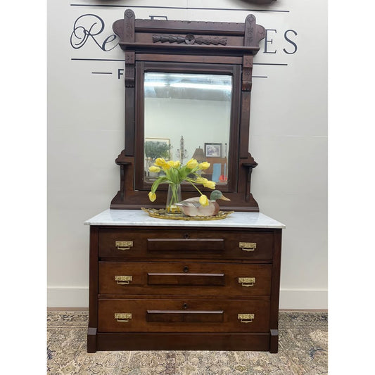 Victorian Eastlake Antique Walnut Chest or Dresser Marble Top Mirror