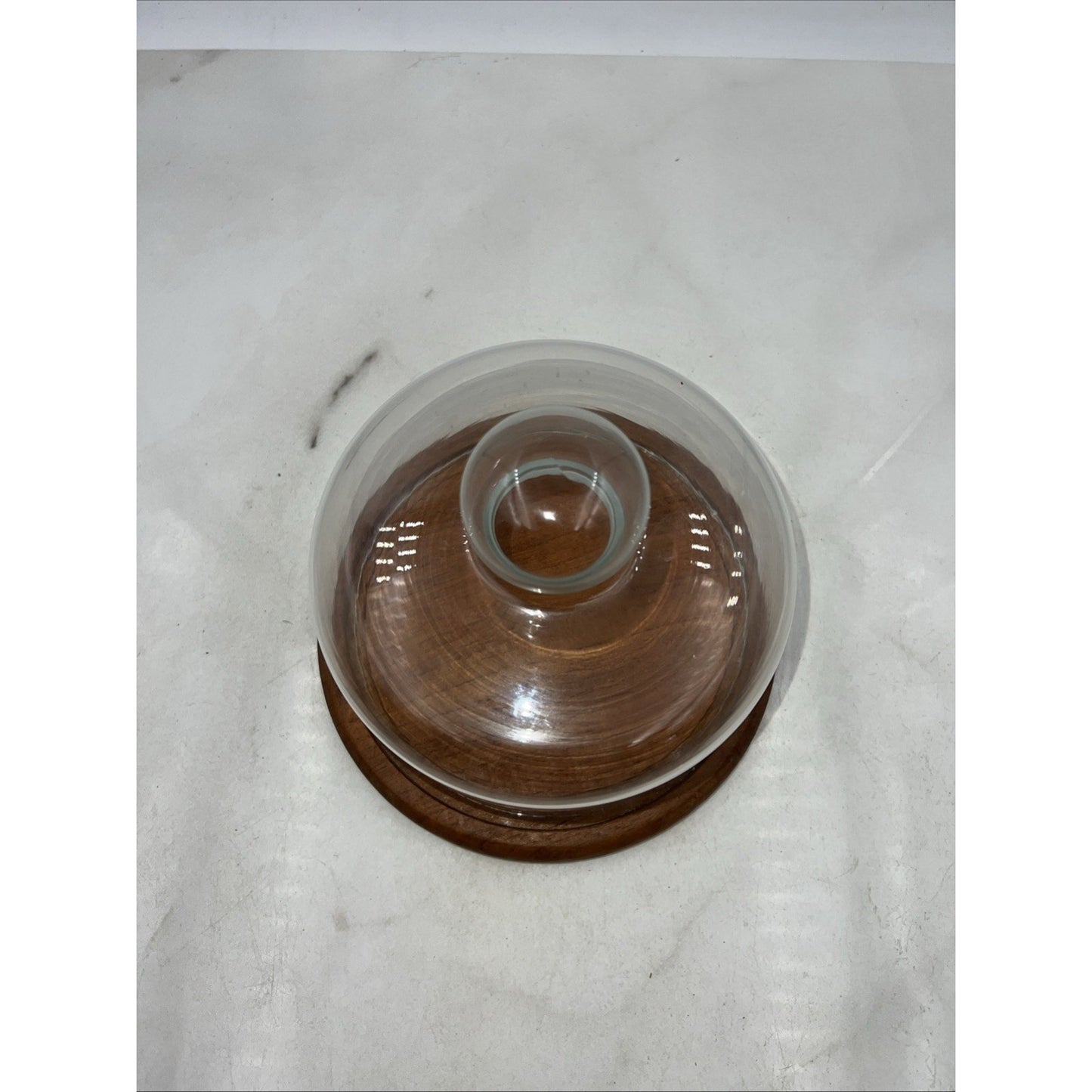 VTG Dolphin Teakwood Cheese Tray Dome Cloche Covered Glass Serving Dish