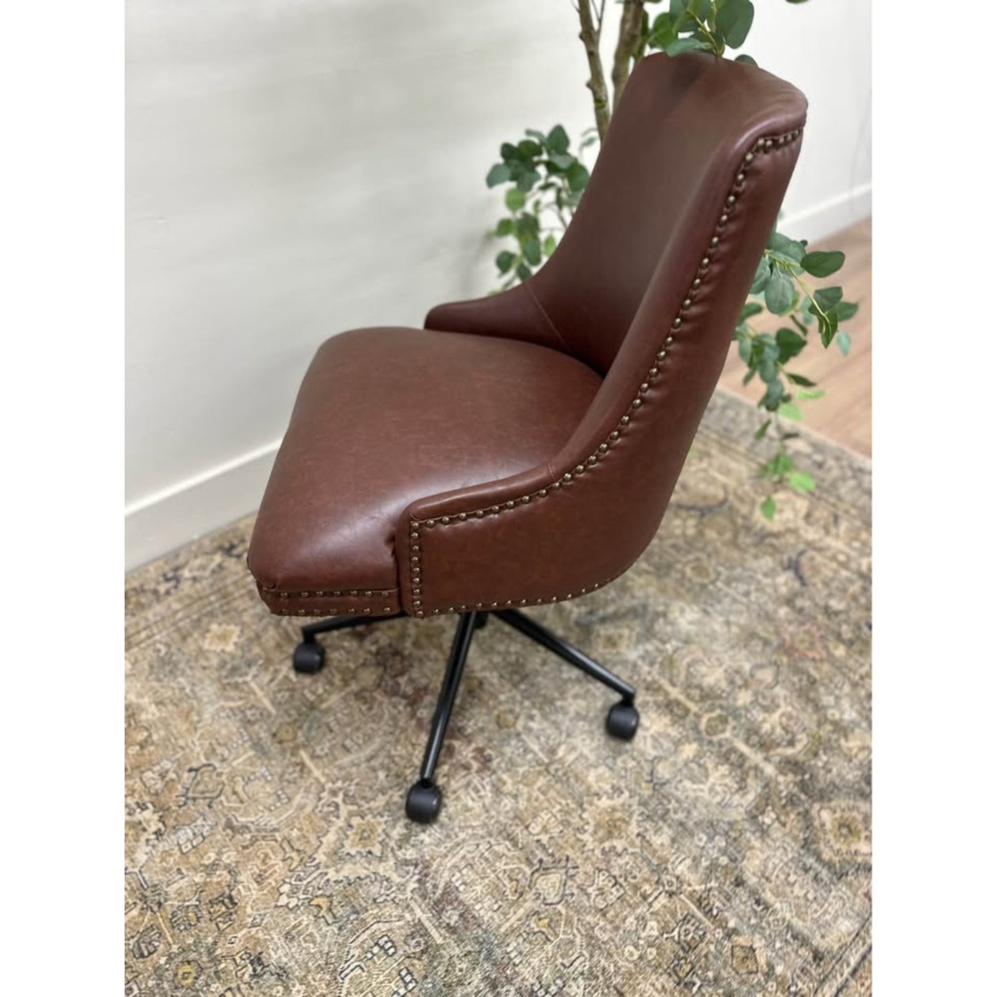 Idalia Task Chair-BROWN Studded Nailead Trim Vegan Leather Rolling Office Chair New Karat
