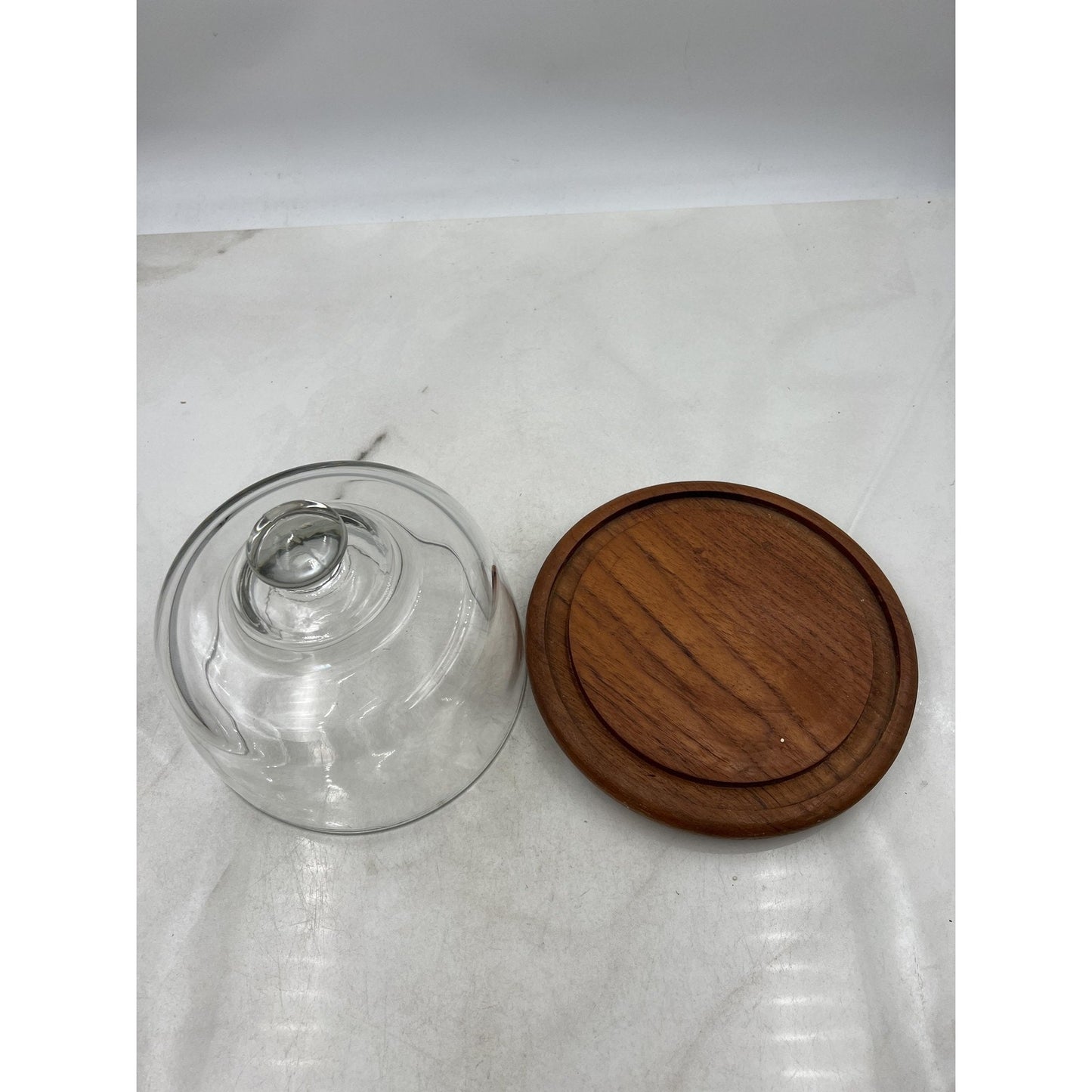 Vintage Dolphin Teakwood Cheese Board Glass Dome Cover Mid Century Modern 8 Inch
