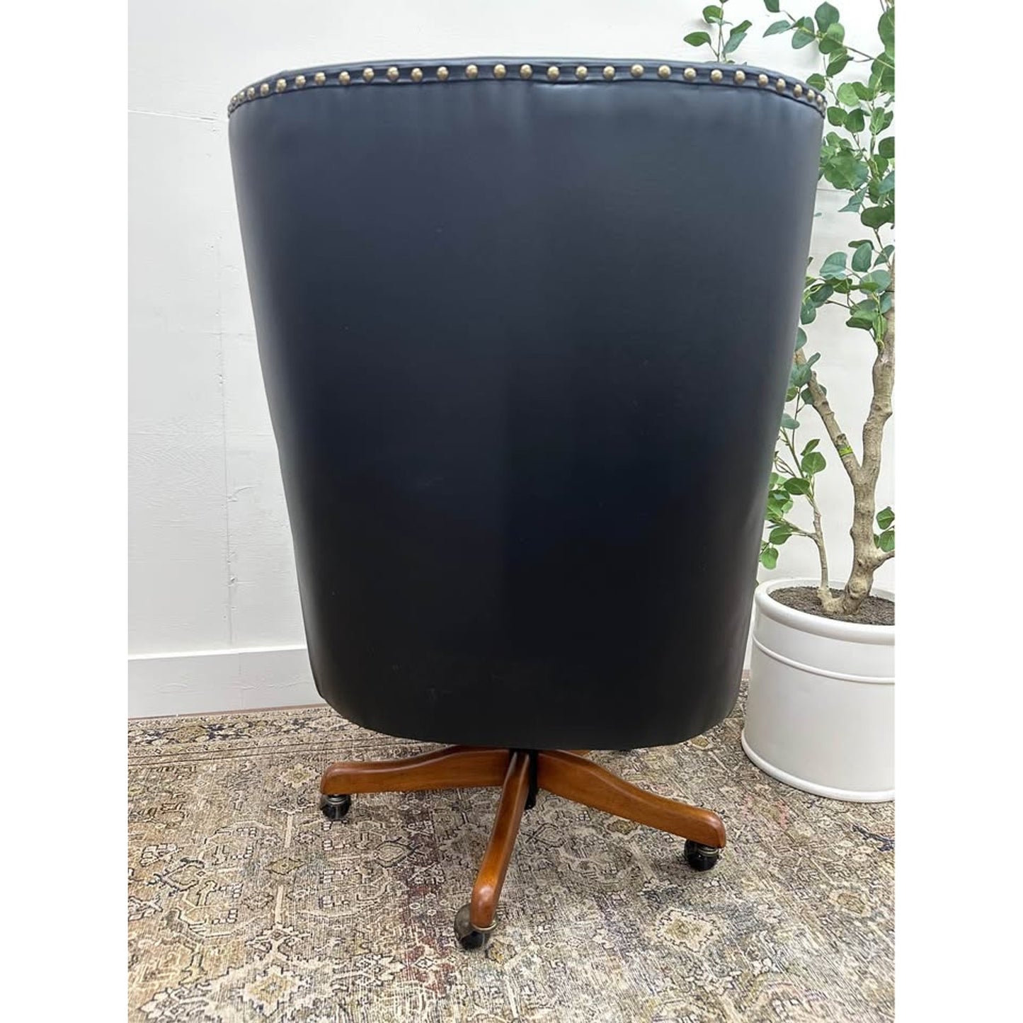 Leon Office Chair-BLACK Vegan Leather Nailhead Trim Executive Rolling Wood Base Desk