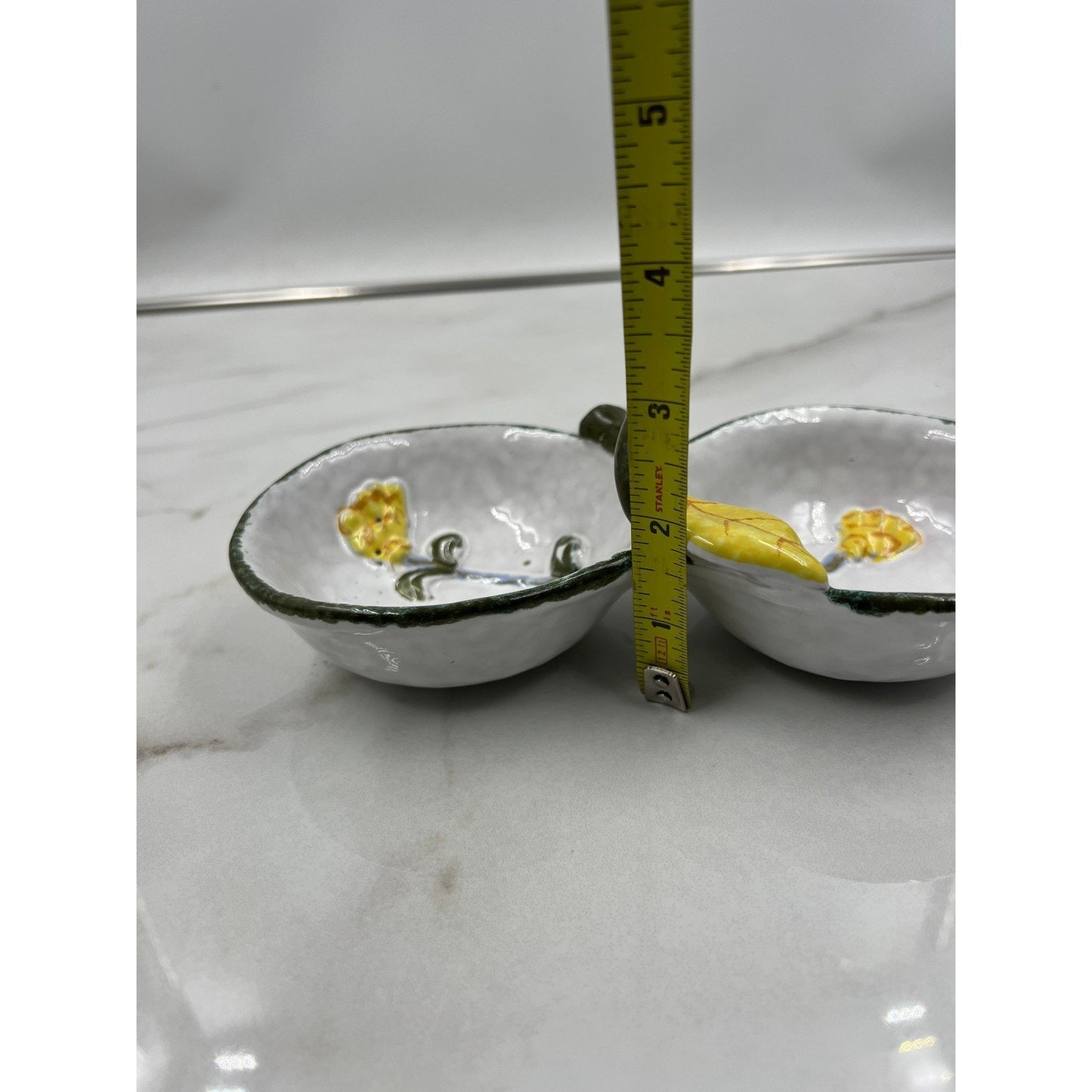 VTG Ceramic Divided Dish Italy Hand Painted Yellow Flowers Green Handle