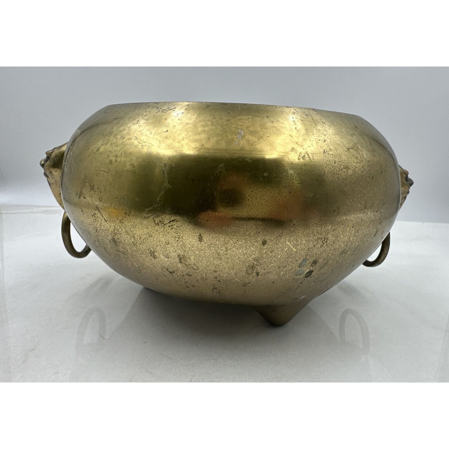 VTG Brass Censer Pot Planter Metal Three Leg Incense Ringed Face Handles