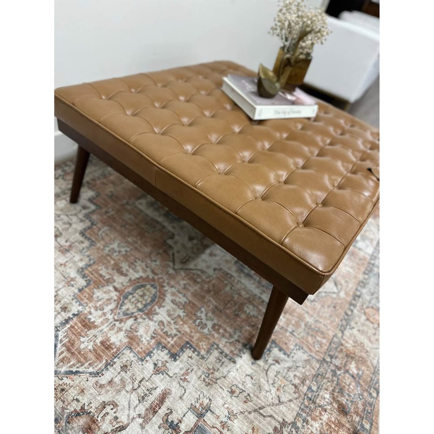 Julian Ottoman Genuine Leather- CAMEL Tufted Wood Legs