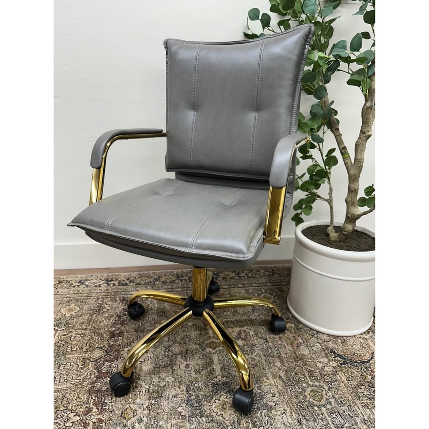 Riccardo Task Chair Dark GREY Faux Leather Gold Rolling Office Chair