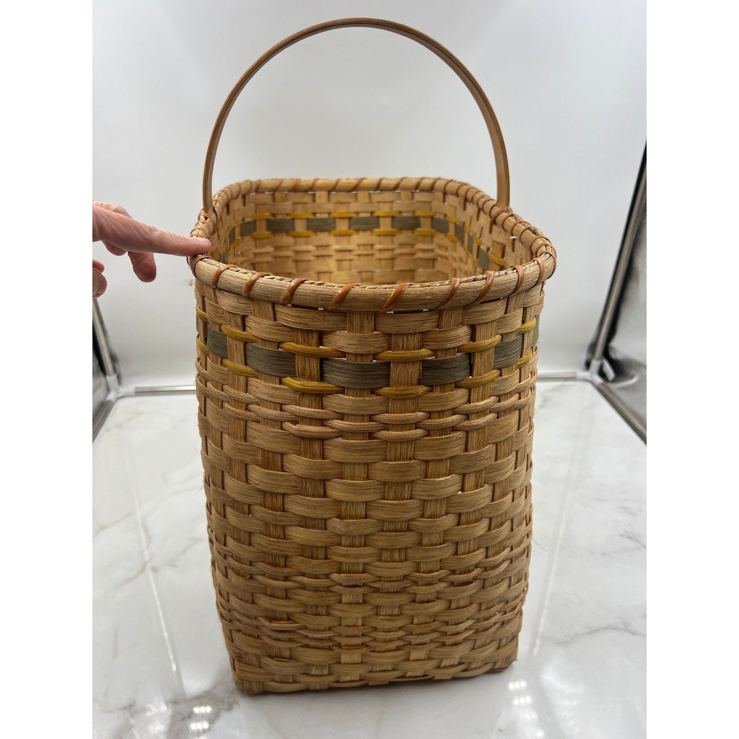 VTG Handmade Woven Stair Basket Wooden Handle Rustic Step Storage Natural Brown