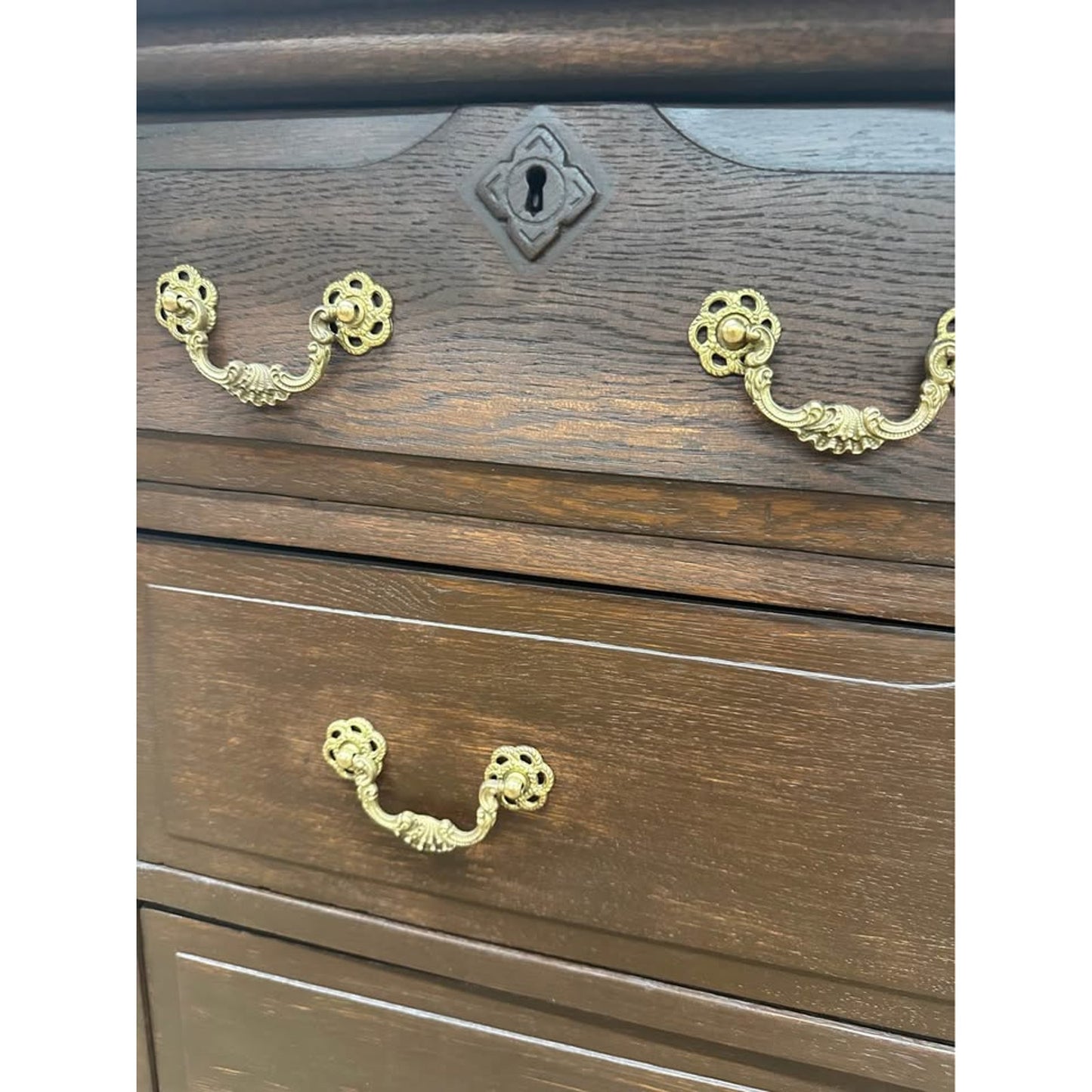 Antique Tiger Oak Dresser or Chest Entry Dark Finish Brass Accents