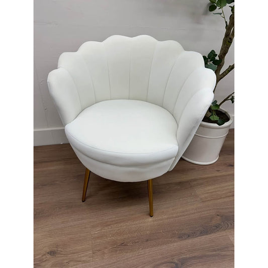 Donata Barrel Chair-IVORY Scalloped Side Chair Vanity Gold Legs New Karat Home