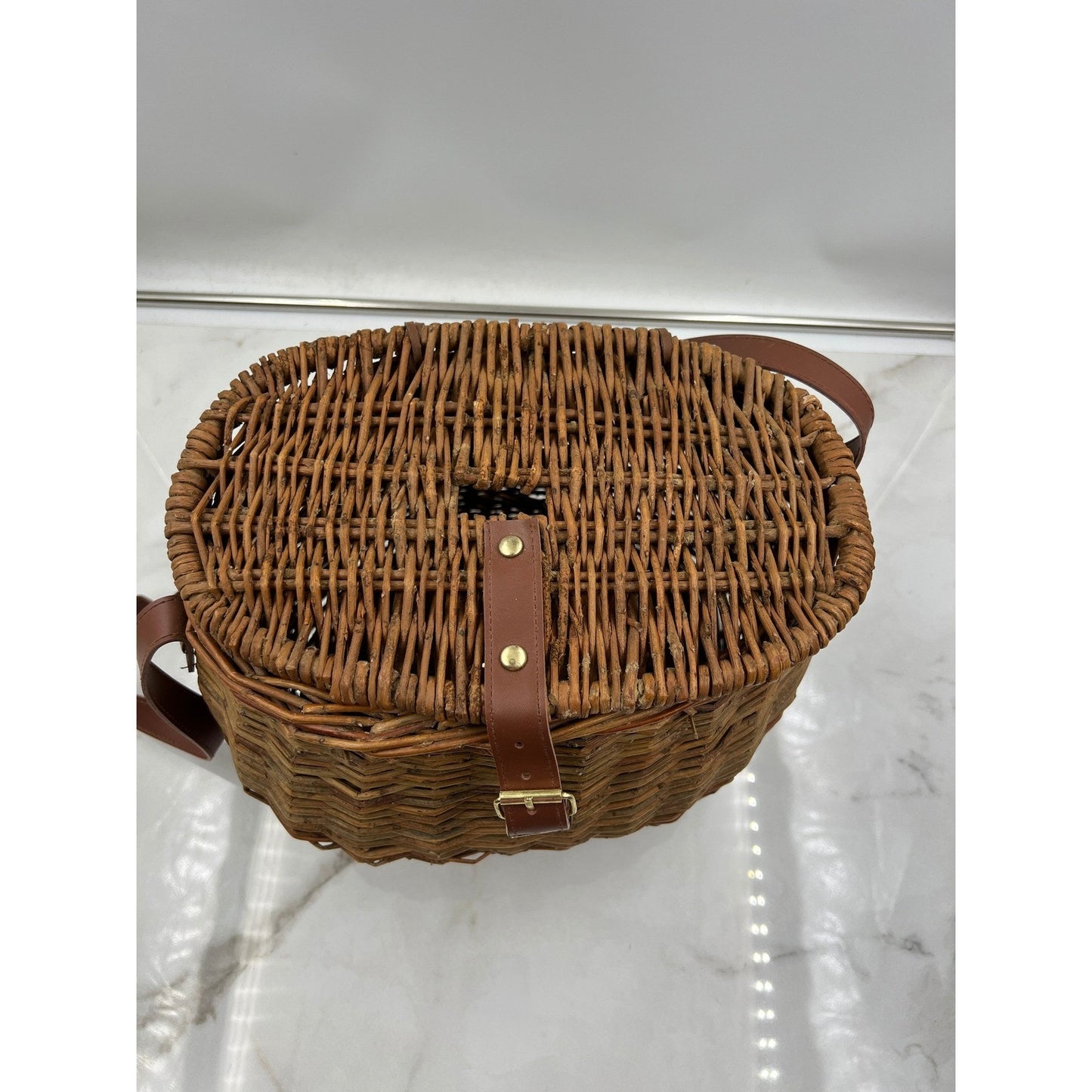 Vintage Wicker Creel Basket Bag Brown Woven Crossbody Picnic Fishing Bag