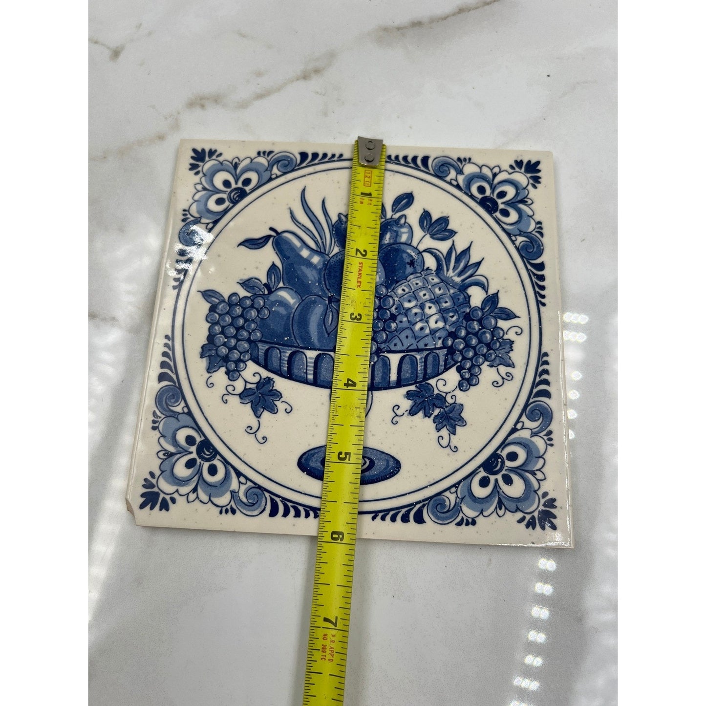 Delft Plateelbakkerij Schoonhoven Holland Blue White Fruit Ceramic Tile Vintage