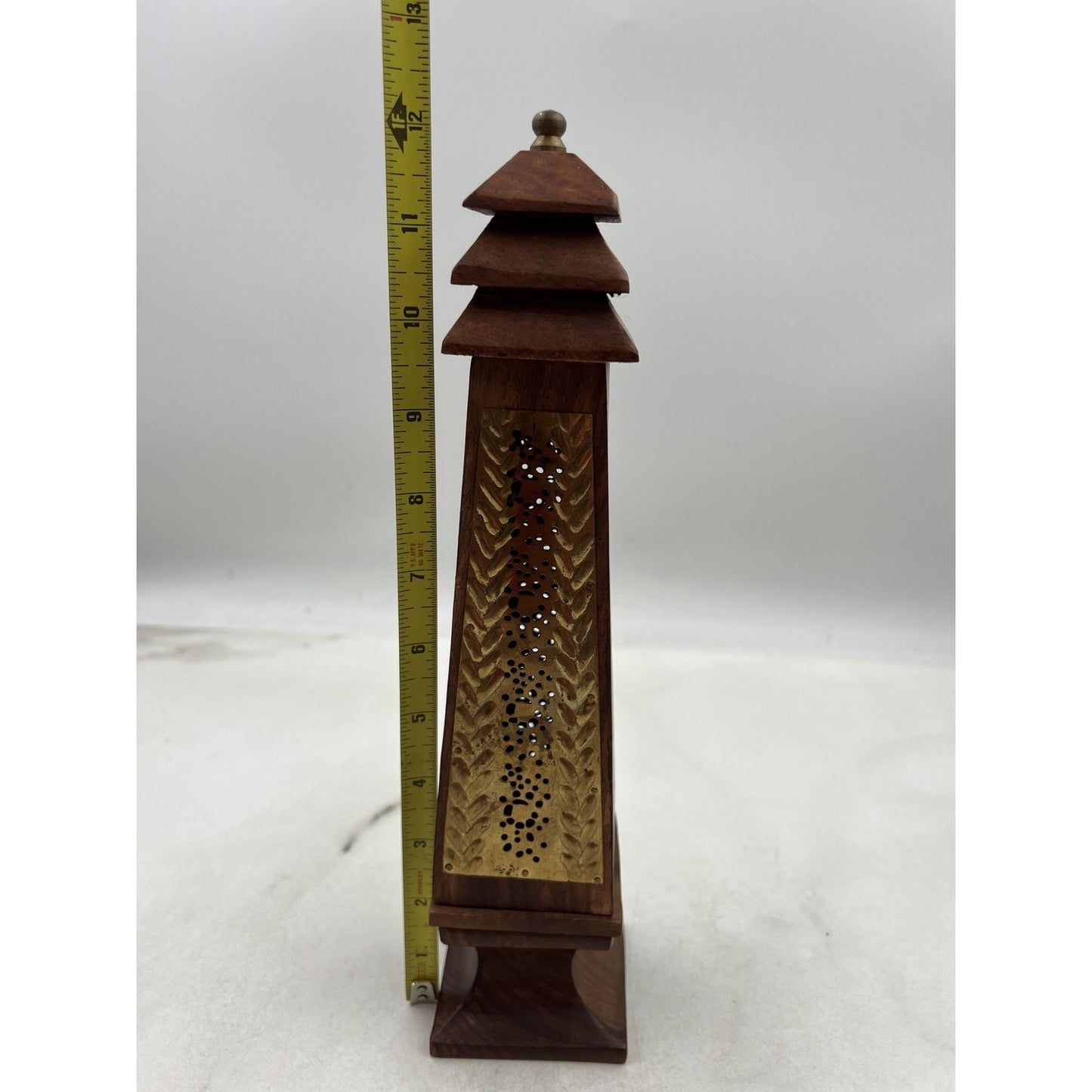 Handcarved Wood Tower Incense Burner Pagoda Brass Panel Cone Holder Decor