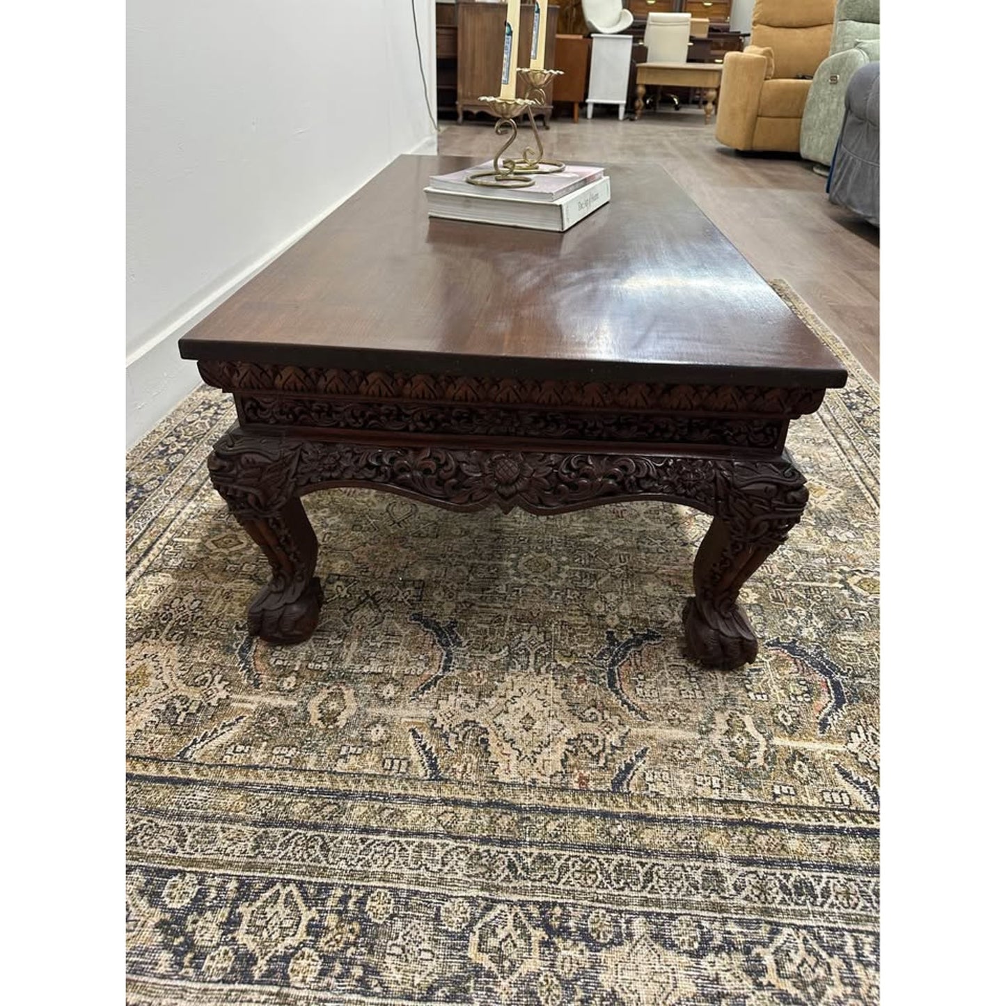 Antique Mahogany Coffee Table Chinese Asian Burmese Anglo-Indian Hand Carved Wood Ball Claw Feet