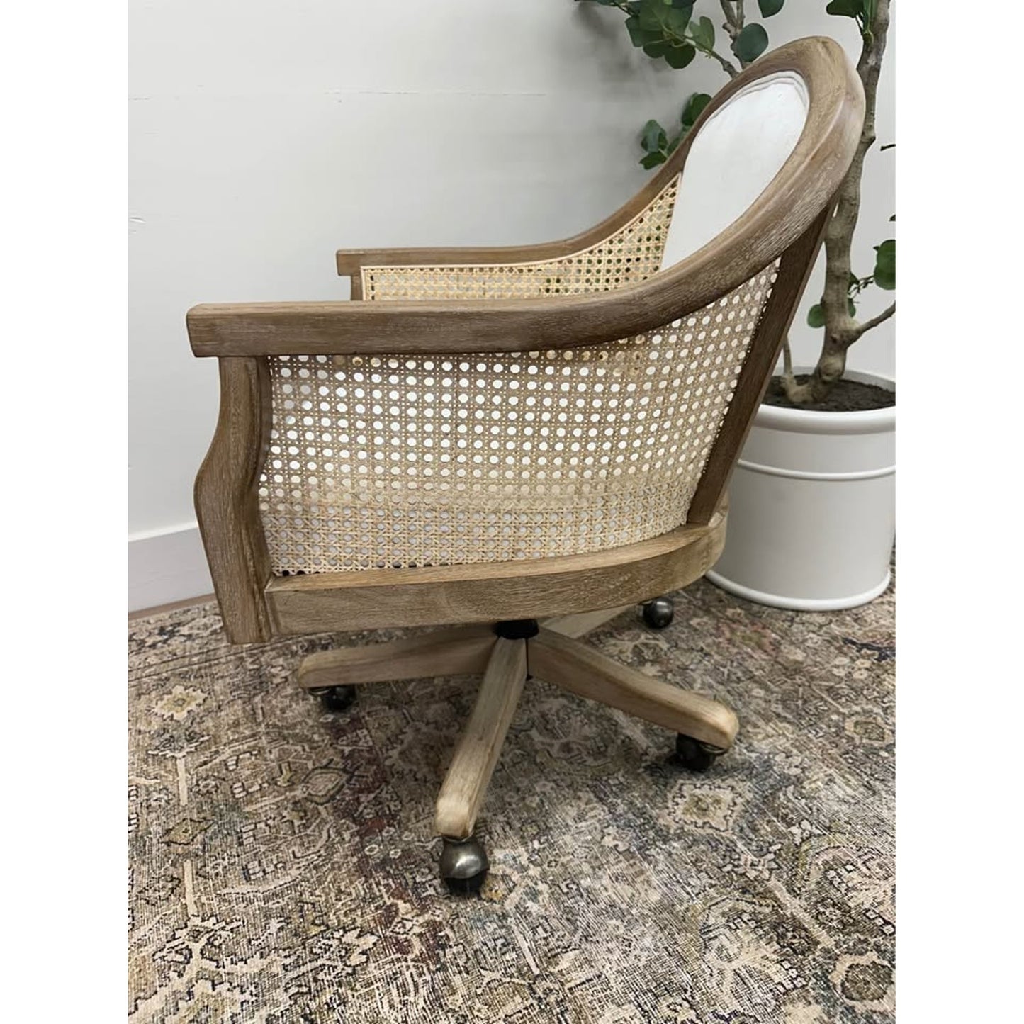 Audrey Task Office Chair with Rattan Cane Back Arms-IVORY Rolling