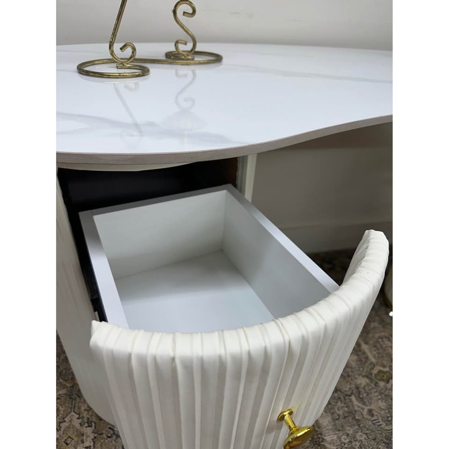 White Free Form Stone Desk Vanity Table Manufactured Wood+Leather Groove Interiors 3 Drawers