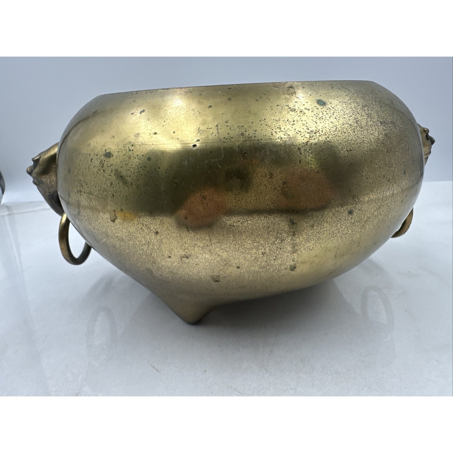 VTG Brass Censer Pot Planter Metal Three Leg Incense Ringed Face Handles