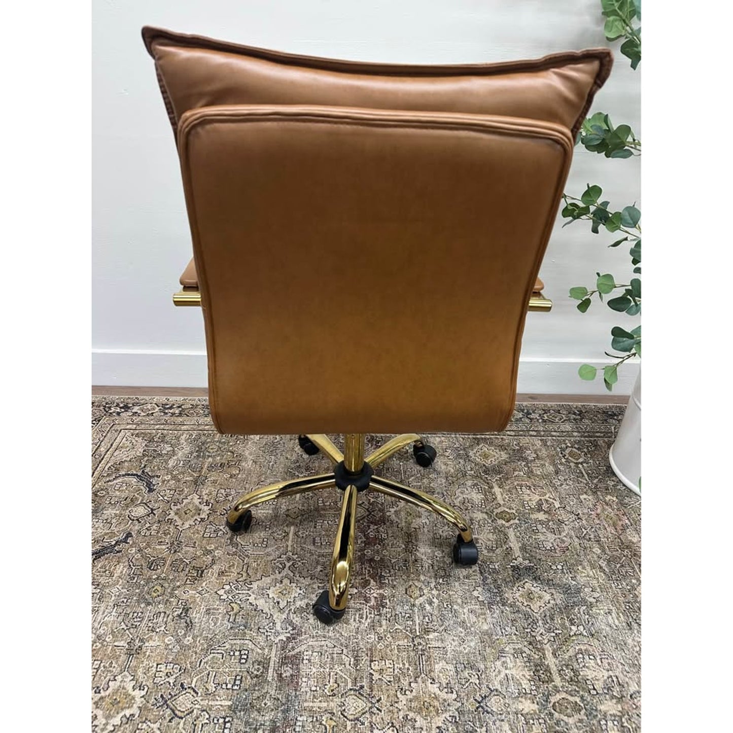 Riccardo Task Chair Brown Faux Leather Gold Rolling Office Chair