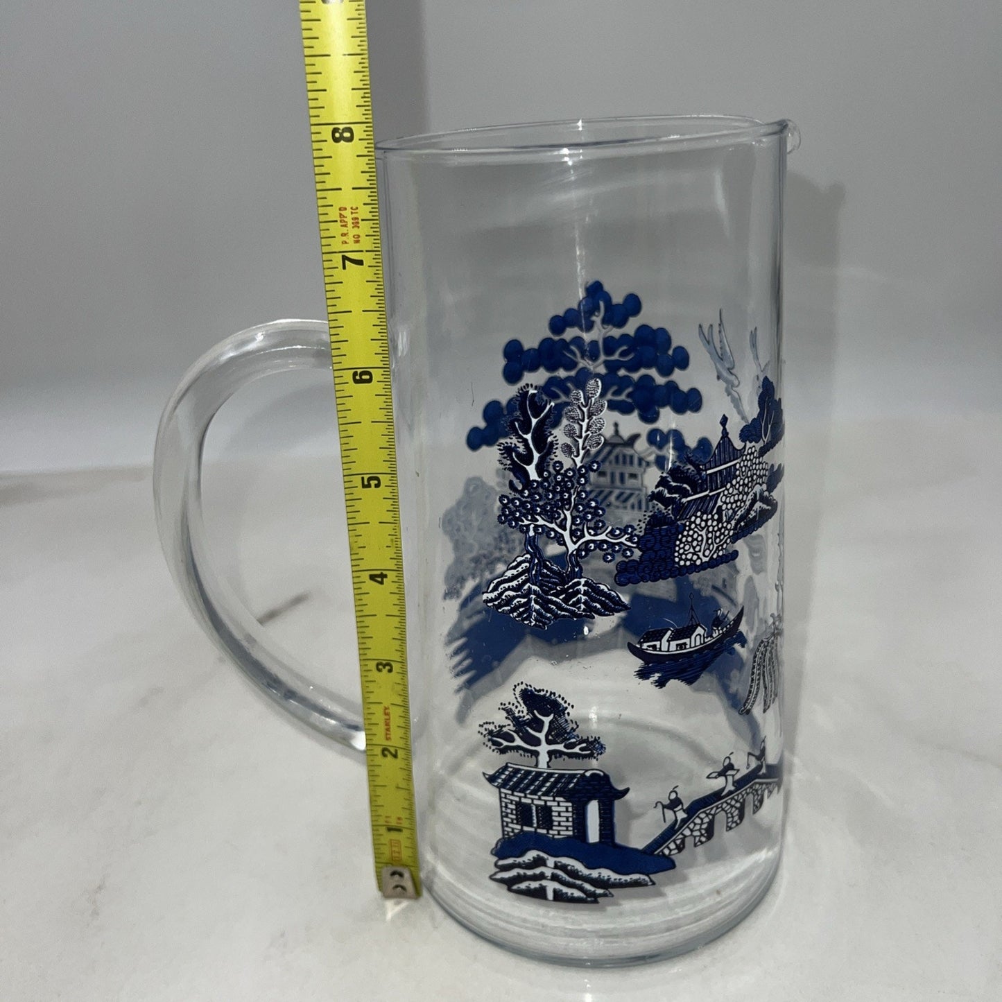 Vintage Glass Blue Willow Martini Pitcher w/ Applied Glass Handle