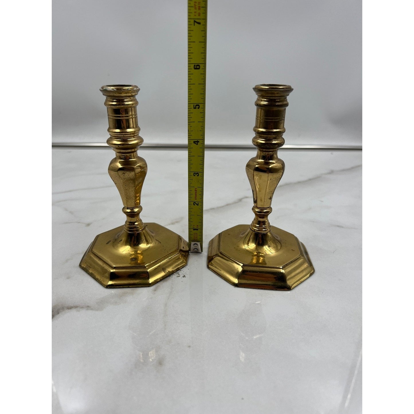 VTG Brass Candlesticks Holders Turned Hexagonal Base Set of 2