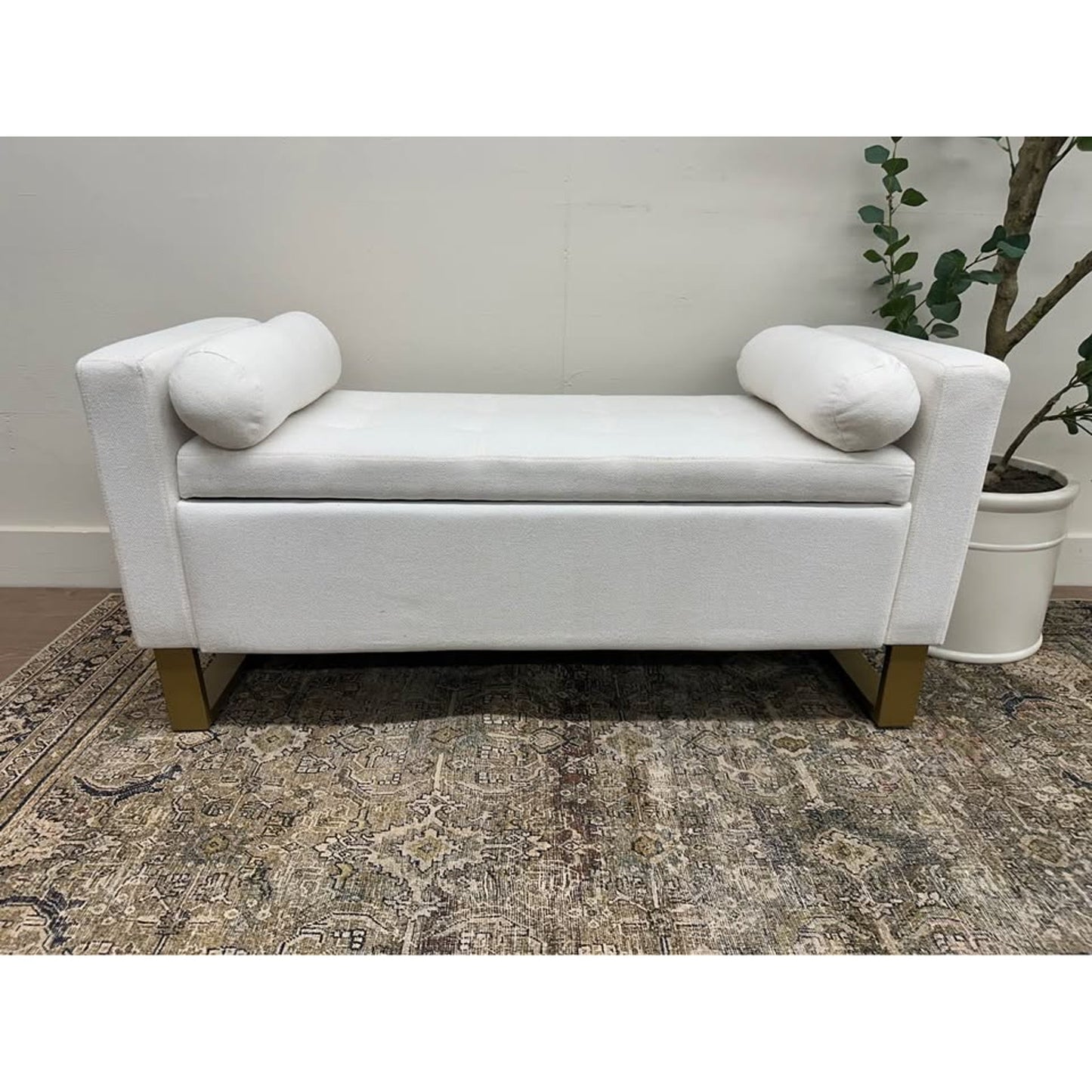 Angel 50.4" Wide Storage Bench-IVORY Gold Base Storage Bench with Bolster Pillows, Upholstered