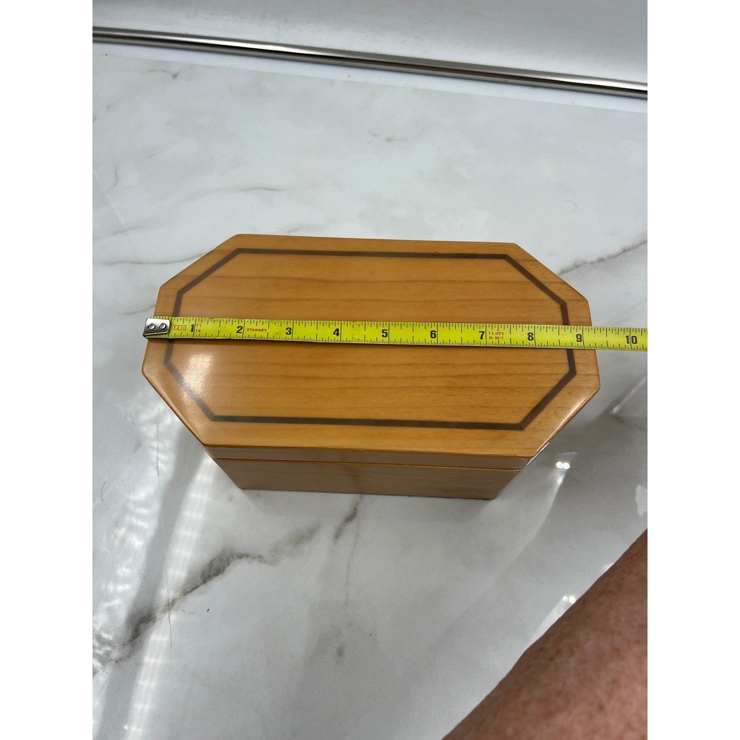 Vintage Octagon Wood Jewelry Box Inlay Detail and Removable Tray Brown Velvet