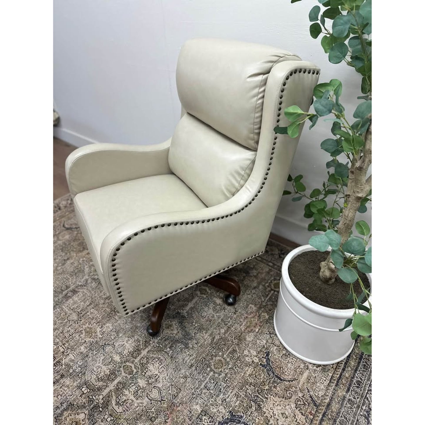 Viv Vegan Leather Executive Task Chair- Tan Brown Wood Rolling Base Office Chair Desk Nailhead