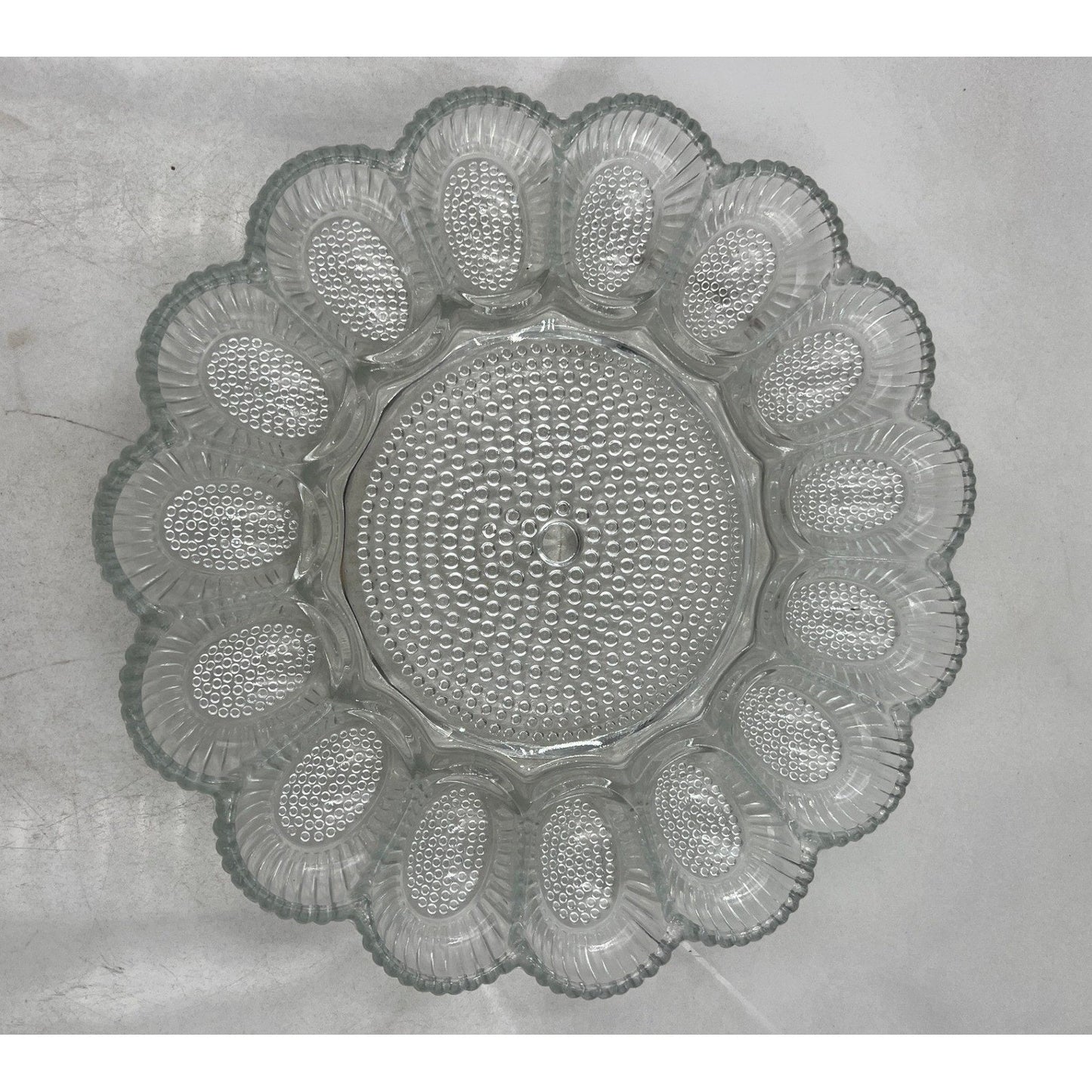 VTG Clear Glass Egg Plate Tray Holder 12 Eggs Center Serving Dish Scalloped Edge