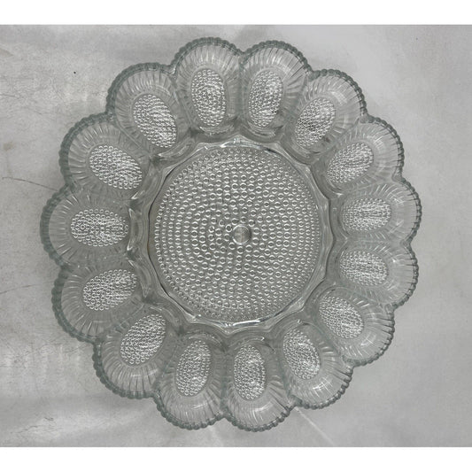 VTG Clear Glass Egg Plate Tray Holder 12 Eggs Center Serving Dish Scalloped Edge