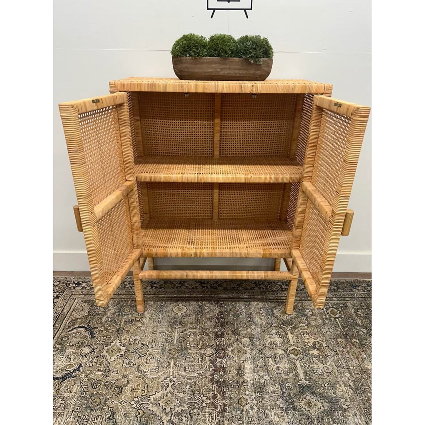 Natural Rattan Storage Cabinet - 3-Tier Handwoven Wicker Accent Cabinet Double Doors Elevated Base