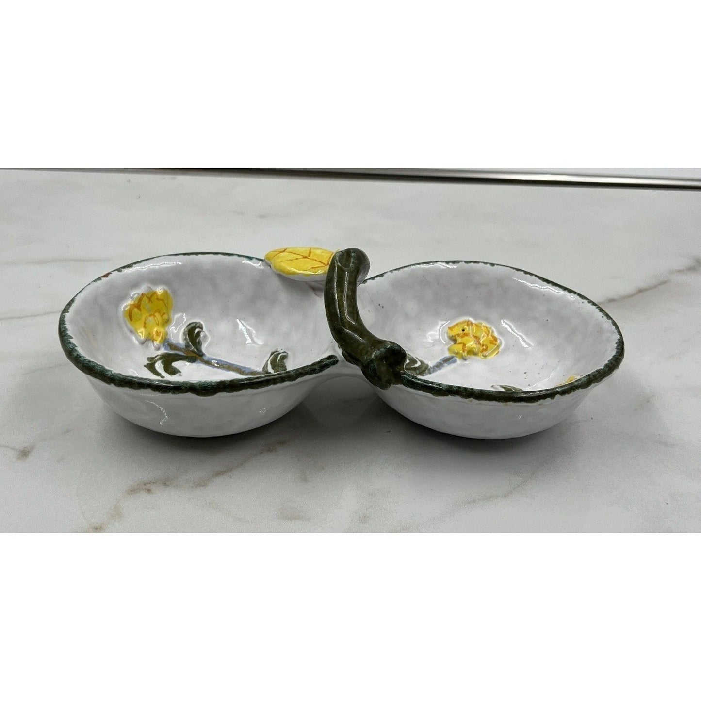 VTG Ceramic Divided Dish Italy Hand Painted Yellow Flowers Green Handle