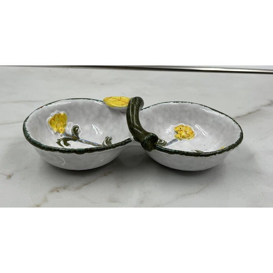 VTG Ceramic Divided Dish Italy Hand Painted Yellow Flowers Green Handle