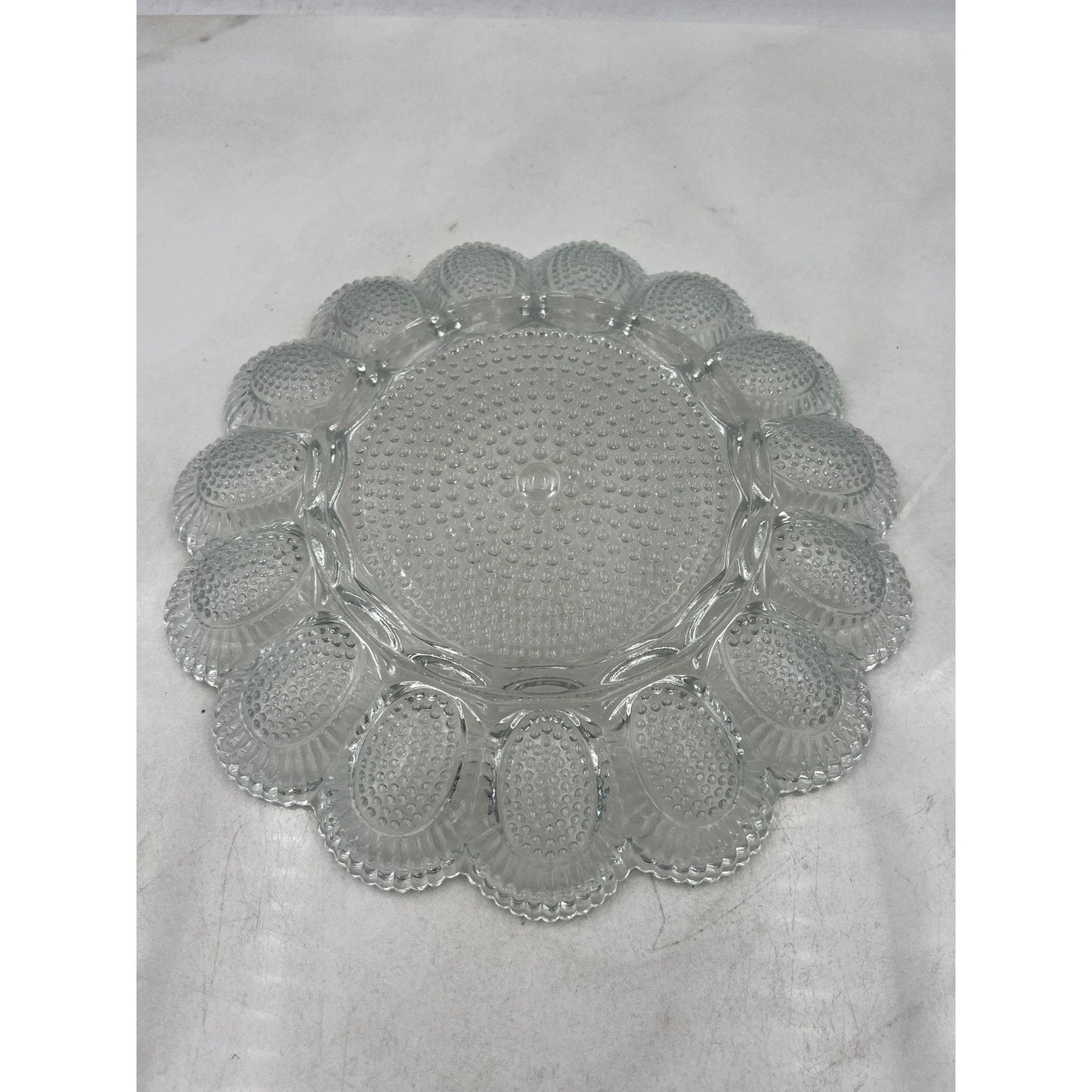 VTG Clear Glass Egg Plate Tray Holder 12 Eggs Center Serving Dish Scalloped Edge